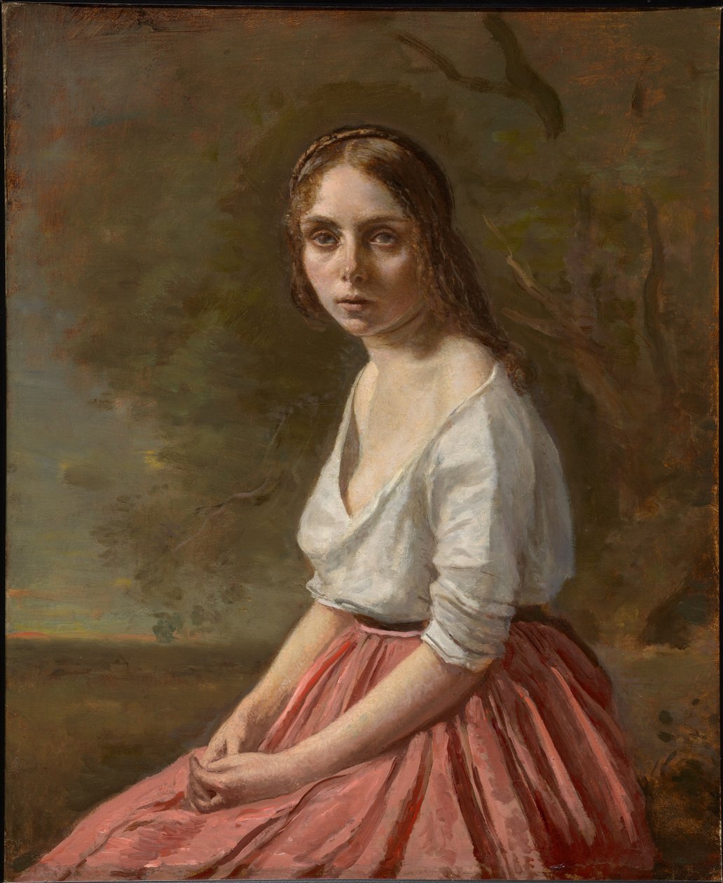 Mladá žena v růžové sukni od Jean-Baptiste-Camille Corot