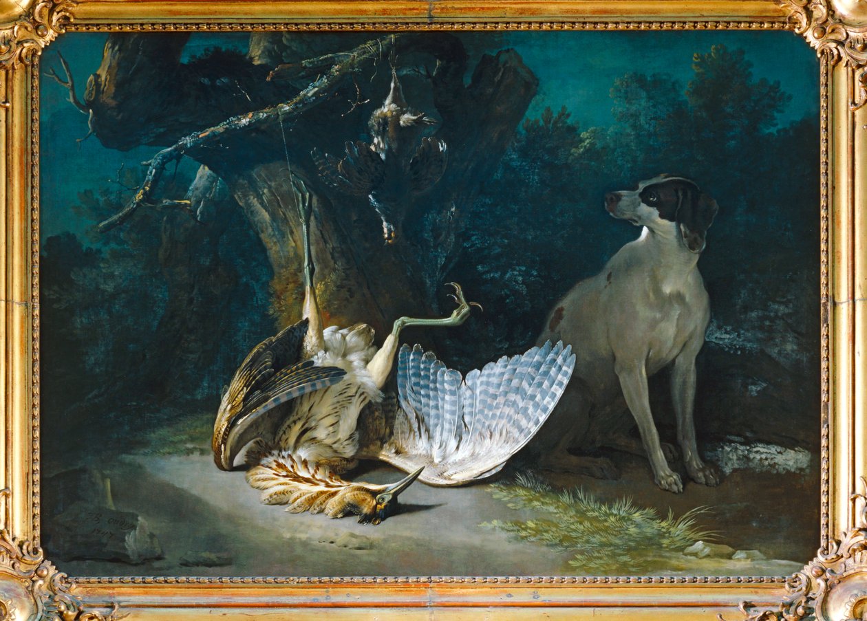Butor et perdrix gardes par un chien blanc - Bílý pes hlídá koroptve a hořce... od Jean-Baptiste (school of) Oudry