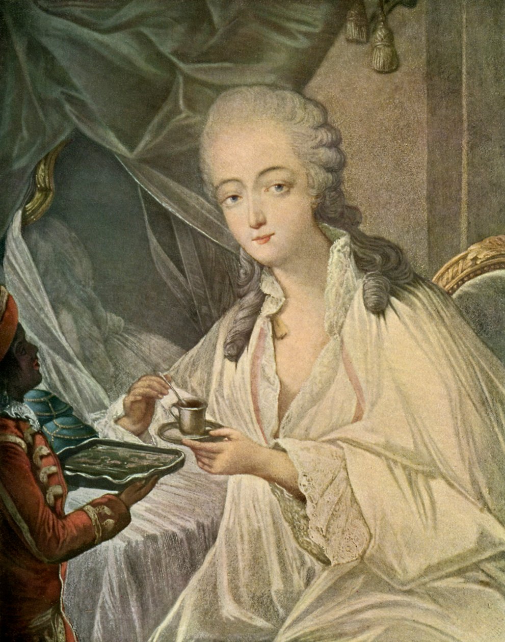 Madame Du Barry a stránka Zamore, z knihy "Francouzské barevné printy 18. století". od Jean Baptiste Andre (after) Gautier Dagoty