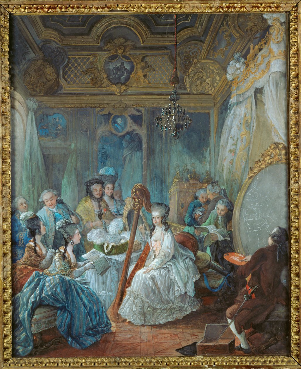 Marie Antoinetta ve svých apartmánech ve Versailles, obklopená členy svého dvora ... od Jean-Baptiste Andre Gautier Dagoty