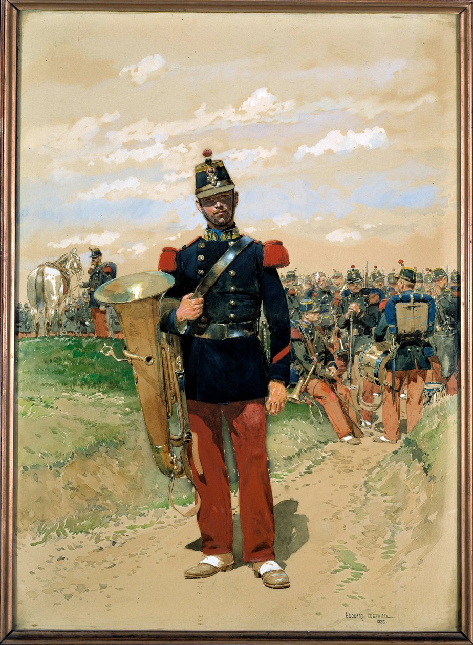 Linková hudba: voják, člen vojenského orchestru v roce 1855. Akvarel od Edouarda Detaillea (1848-1912). 1855. Paříž, Musee de l