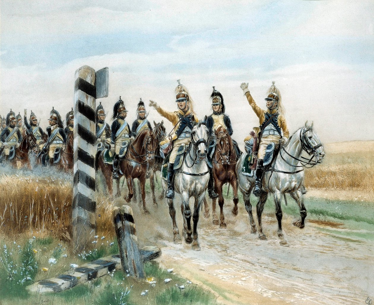 Hraniční sloupek, 23. dračí akvarel od Edouarda Detaillea (1848-1912). 19. století. Paříž, Musee de l