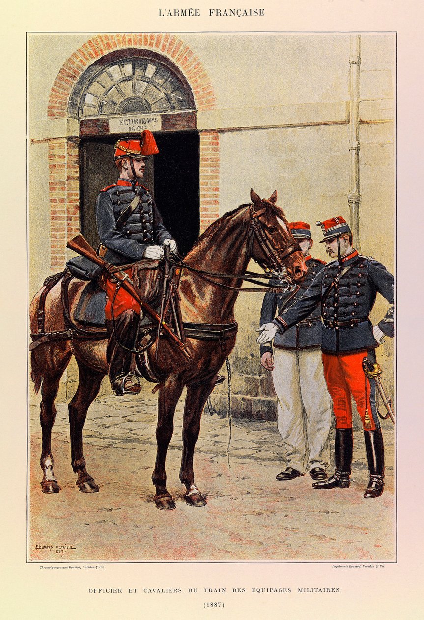 Typy a uniformy francouzské armády kapitána Julese Richarda, ilustroval Edouard Detaille (1848-1912): Důstojník a jezdci z vlaku vojenské posádky v roce 1887, soukromá sbírka od Jean Baptiste Edouard Detaille