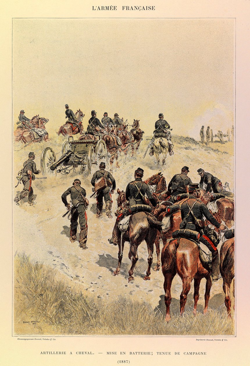 Typy a uniformy francouzské armády kapitána Julese Richarda, ilustrované Edouardem Detaillem (1848-1912): Dělostřelectvo na koni; Baterie; Polní šaty z roku 1887, soukromá sbírka od Jean Baptiste Edouard Detaille