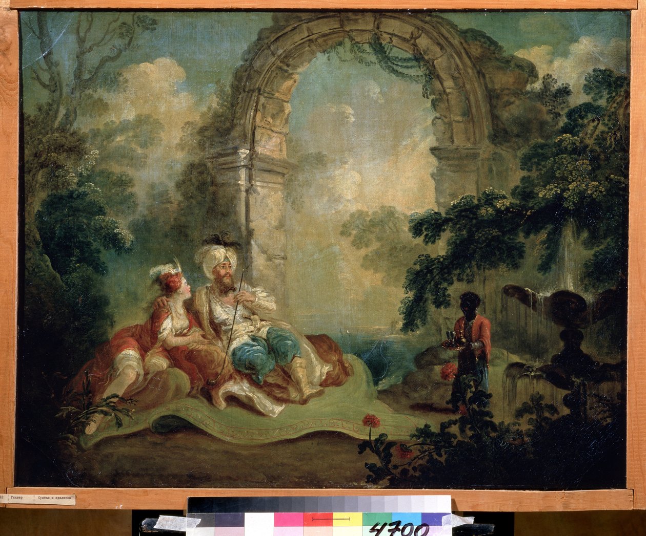 Orientalismus: „Turecký paša a odaliska ležící na koberci, obsluhuje je černý sluha“ (turecký paša a odaliska) Obraz Jean Baptiste Hilaire (1753-cca 1822) Pouchkine Museum, Moskva od Jean Baptiste Hilaire