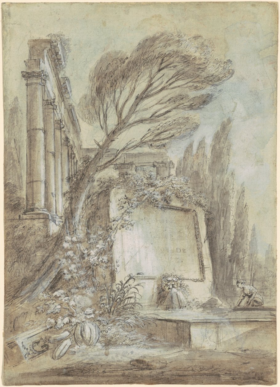 Architektonická fantazie římských ruin s nápisovou deskou, asi 1768 (hnědá tuš na papíře) od Jean-Baptiste Lallemand
