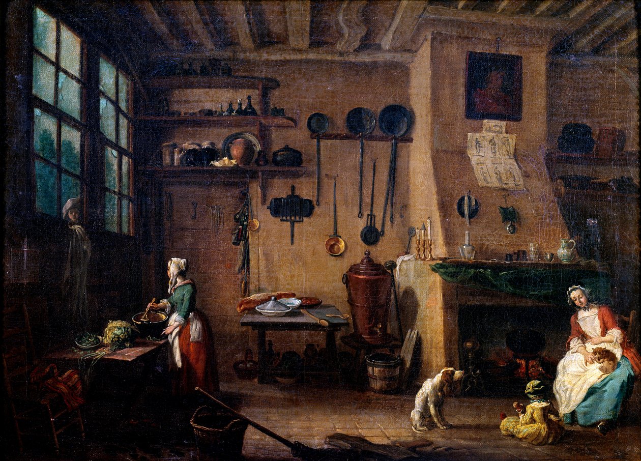 Interiér kuchyně v 18. století. Kuchař připravuje jídlo. V pozadí vidíme kuchyňské náčiní visící podél zdi. Obraz Jean Baptiste Lallemand (1710-1803) 18. století Dijon, Muzeum výtvarných umění od Jean Baptiste Lallemand