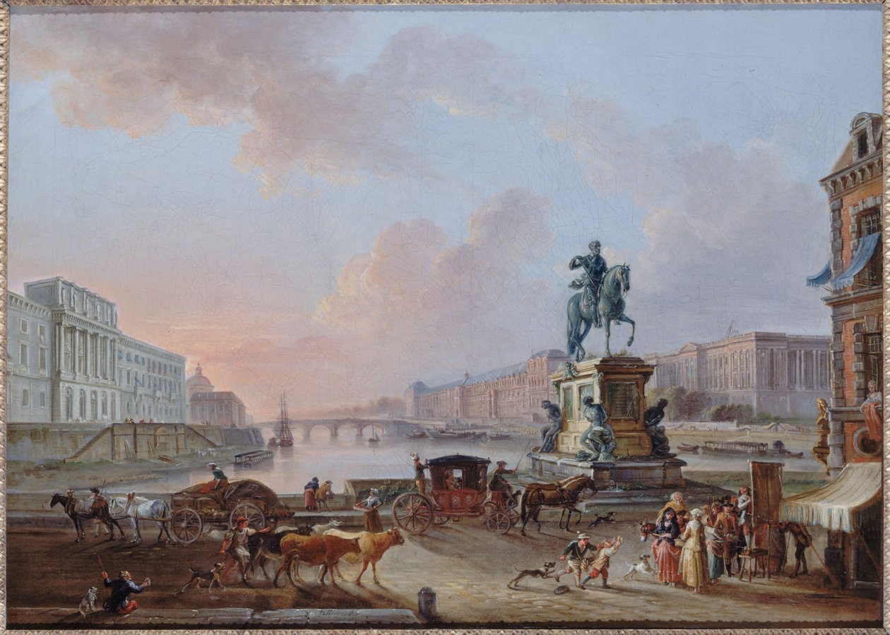 La Monnaie, Pont Royal a Louvre při pohledu z Pont-Neuf terre-plein, asi 1775, asi 1775 (olej) od Jean Baptiste Lallemand