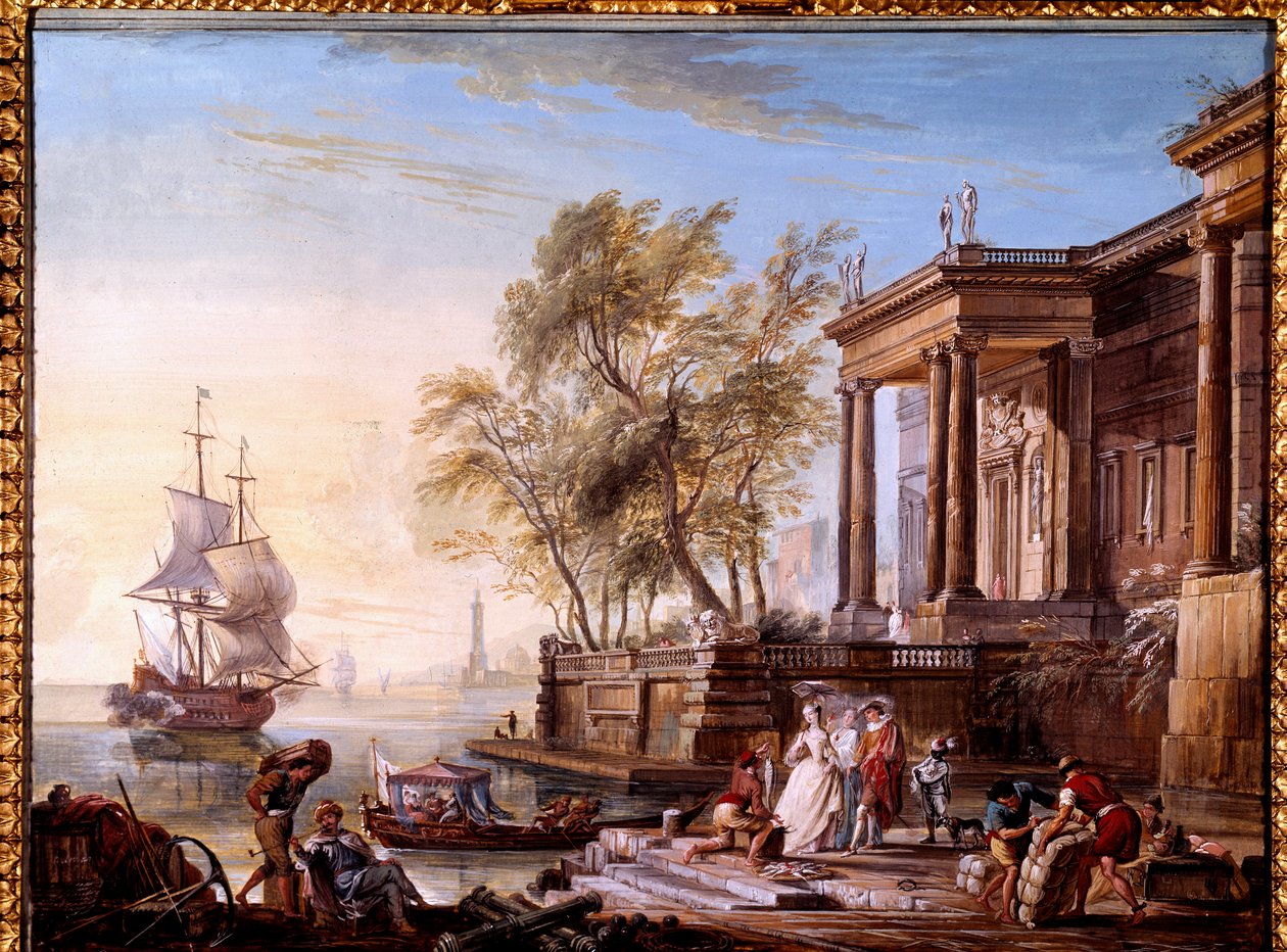Námořní při západu slunce Obraz Jean Baptiste Lallemand (Lallemant) (1710-1803) 18. století Dijon, Musee des Beaux Arts. od Jean Baptiste Lallemand