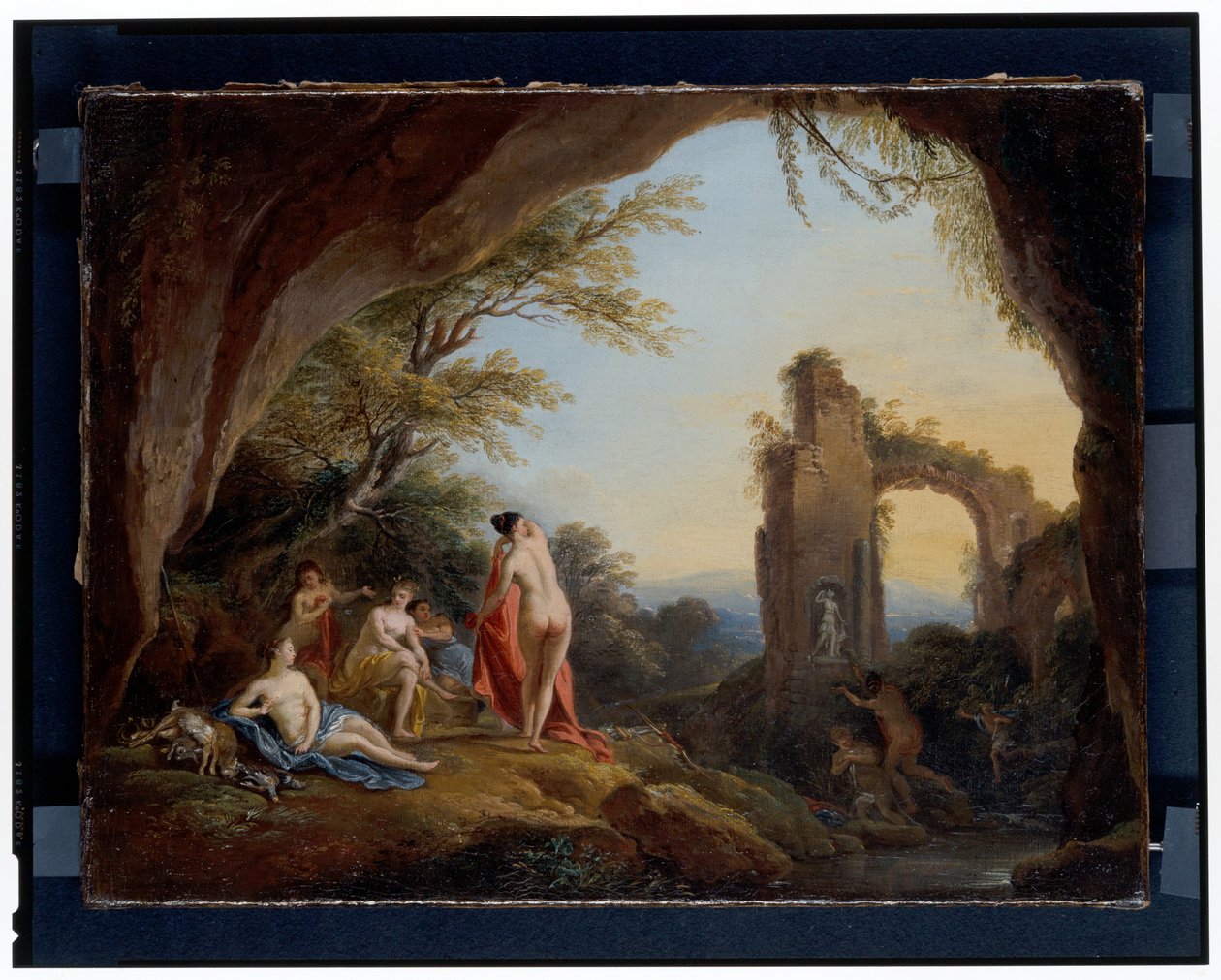 Nymfit ja satyyrit jokimaisemassa Diana ja Actaeon maisemassa raunioilla od Jean Baptiste Lallemand
