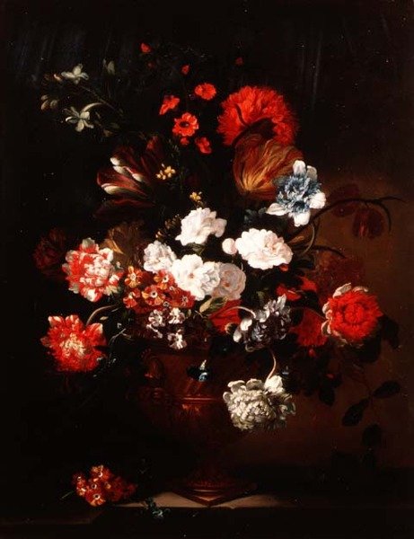 Zátiší z karafiátů, tulipánů, pivoněk a dalších květin od Jean Baptiste Monnoyer