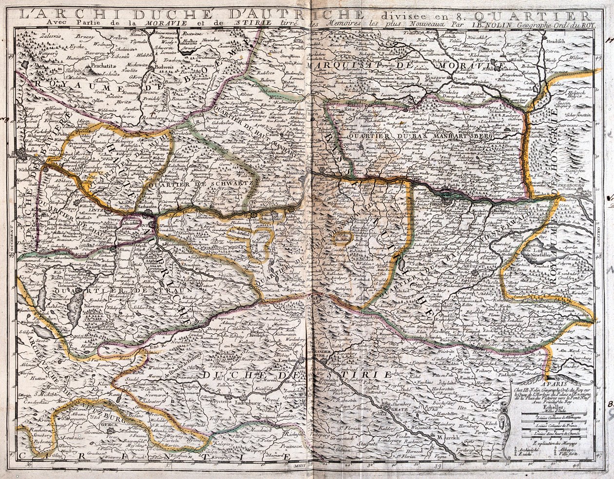 Rakousko (spolkové země: Horní Rakousko, Dolní Rakousko, Burgenland), Česká republika (jižní Čechy a Morava) od Jean Baptiste Nolin