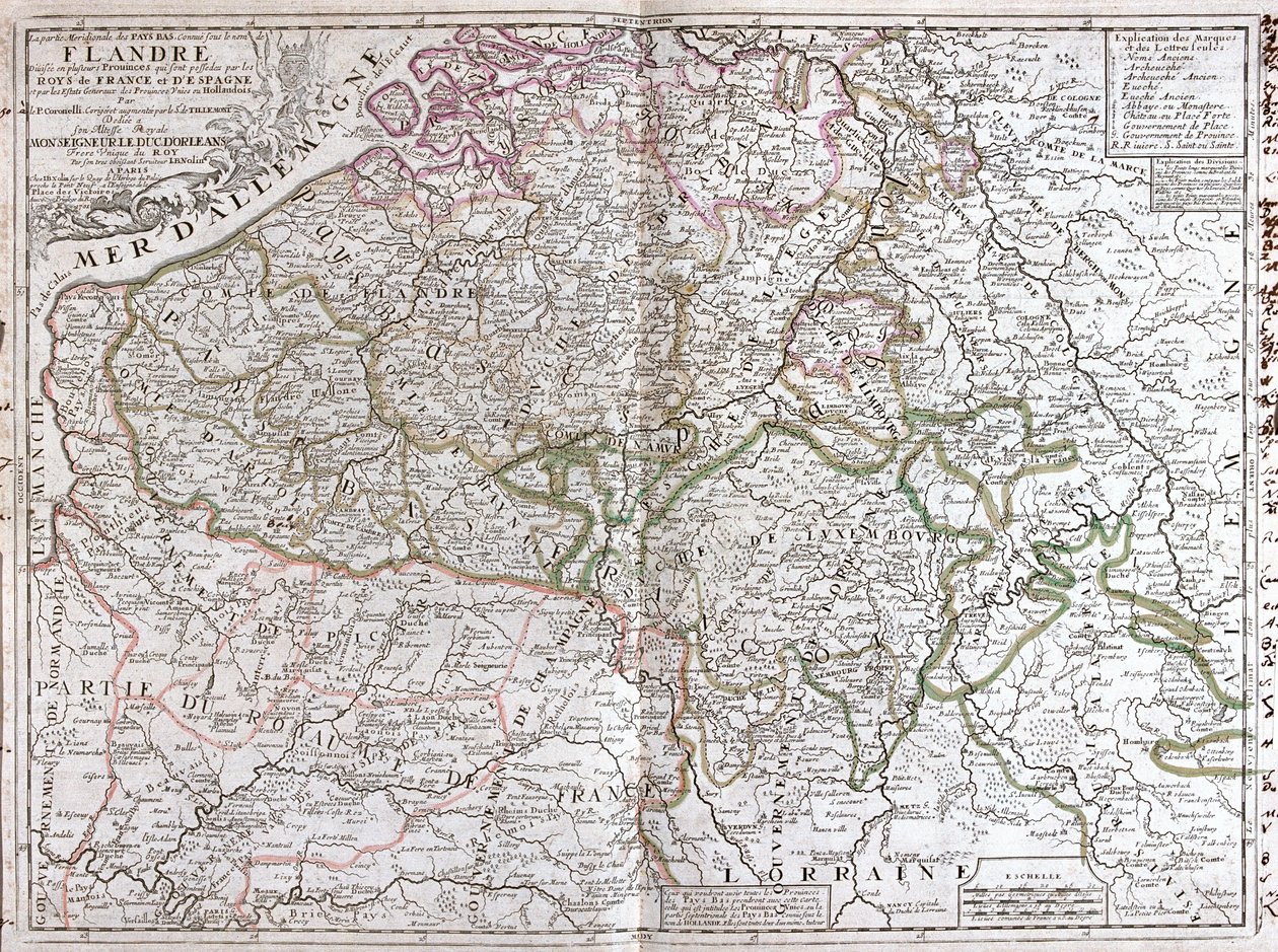 Francie (Region: Belgie, Nizozemsko (provincie: Zeeland, Severní Brabantsko, Limbursko), Německo (spolkové země: Severní Porýní-Vestfálsko, Porýní-Falc, Sársko), Lucembursko. od Jean Baptiste Nolin