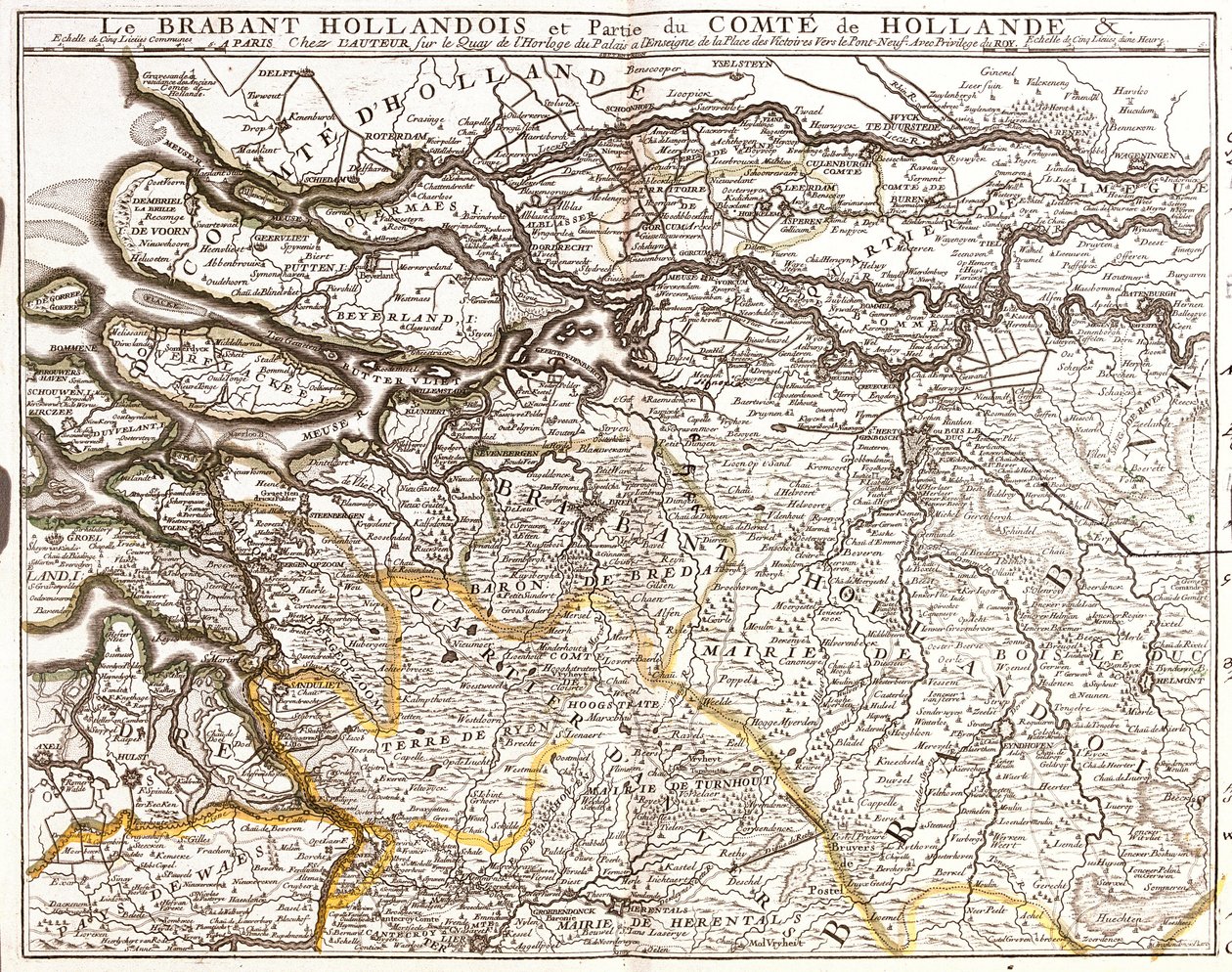 Mapa holandského Brabantu (nebo Severního Brabantu) a části hrabství Holland (Nizozemsko) (rytina od Jean Baptiste Nolin