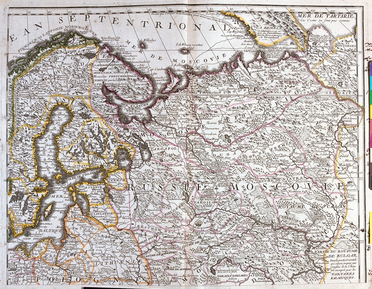 Mapa Moskvy (Rusko), Švédského království, pobaltských provincií a části Polska (lept od Jean Baptiste Nolin