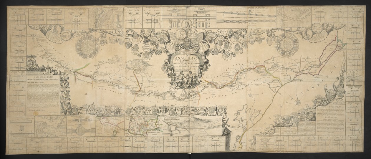 Mapa Canal de Languedoc, spojující Atlantský oceán se Středozemním mořem, věnovaná a prezentovaná M.GRS Estates of Languedoc od Jean Baptiste Nolin