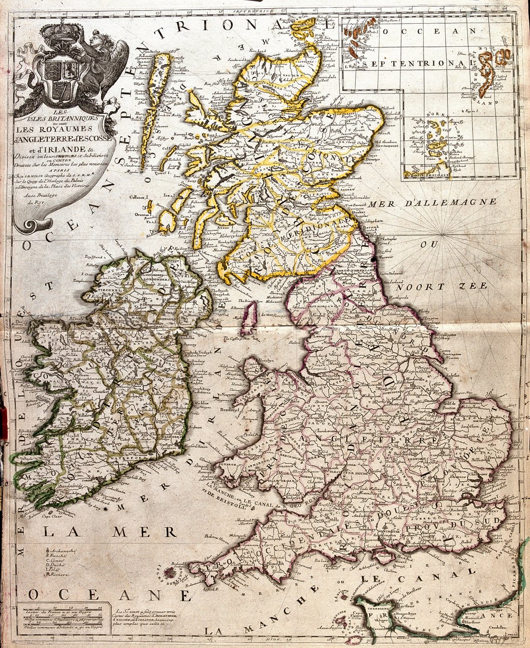 Mapa království Anglie, Skotska a Irska (Velká Británie) (rytina od Jean Baptiste Nolin