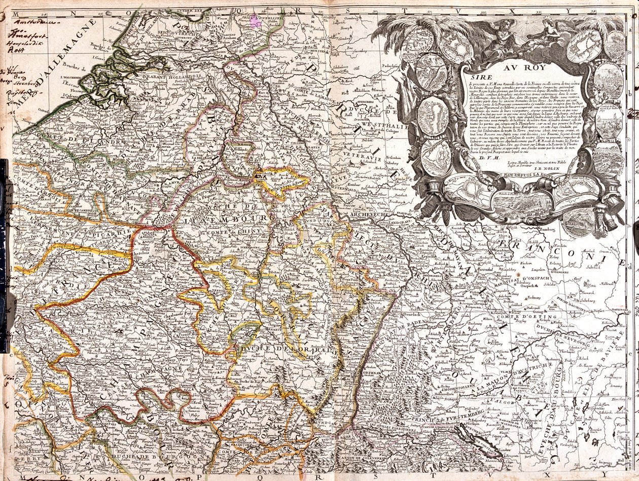 Jižní Nizozemsko, Belgie, Francie (Region: (Francie: Nord-Pas-de-Calais, Pikardie, Île-de-France, východní Centre, severní Burgundsko, severní Fanche-Comté, Champagne-Ardenne, Lotrinsko, Alsasko), Švýcarsko (kanton: Jura, Basel-Stadt, Basel-Lapd, Solothurn od Jean-Baptiste Nolin