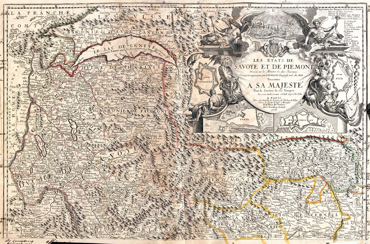 Švýcarsko (kanton: Vaud, Valais), Itálie (region: Údolí Aosta, Piemont), Francie (region: Franche-Comté, Rhône-Alpes) od Jean Baptiste Nolin