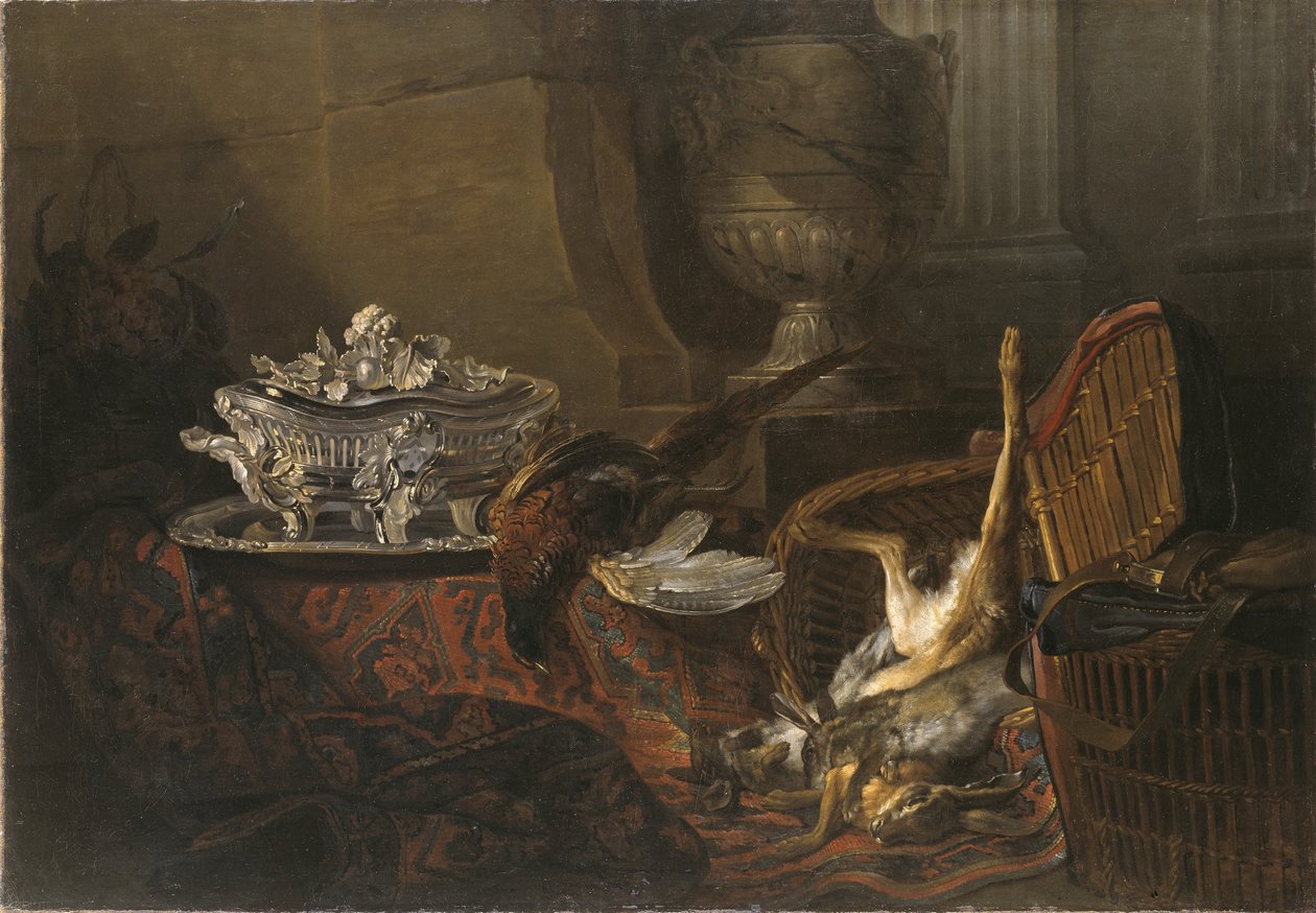 Zátiší s mrtvou zvěří a stříbrnou terinou na tureckém koberci od Jean-Baptiste Oudry