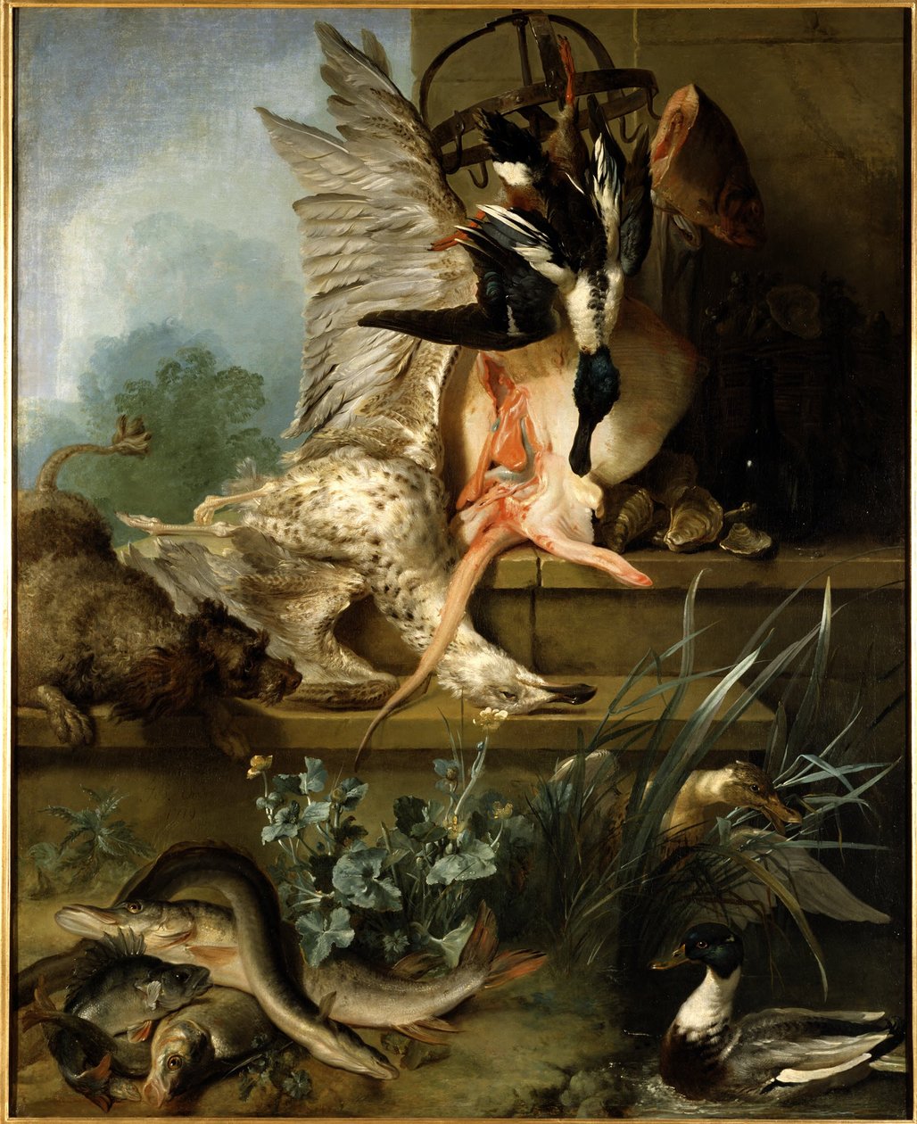 Stillleben mit einem Spaniel, der Enten jagt ("Wasser") od Jean-Baptiste Oudry