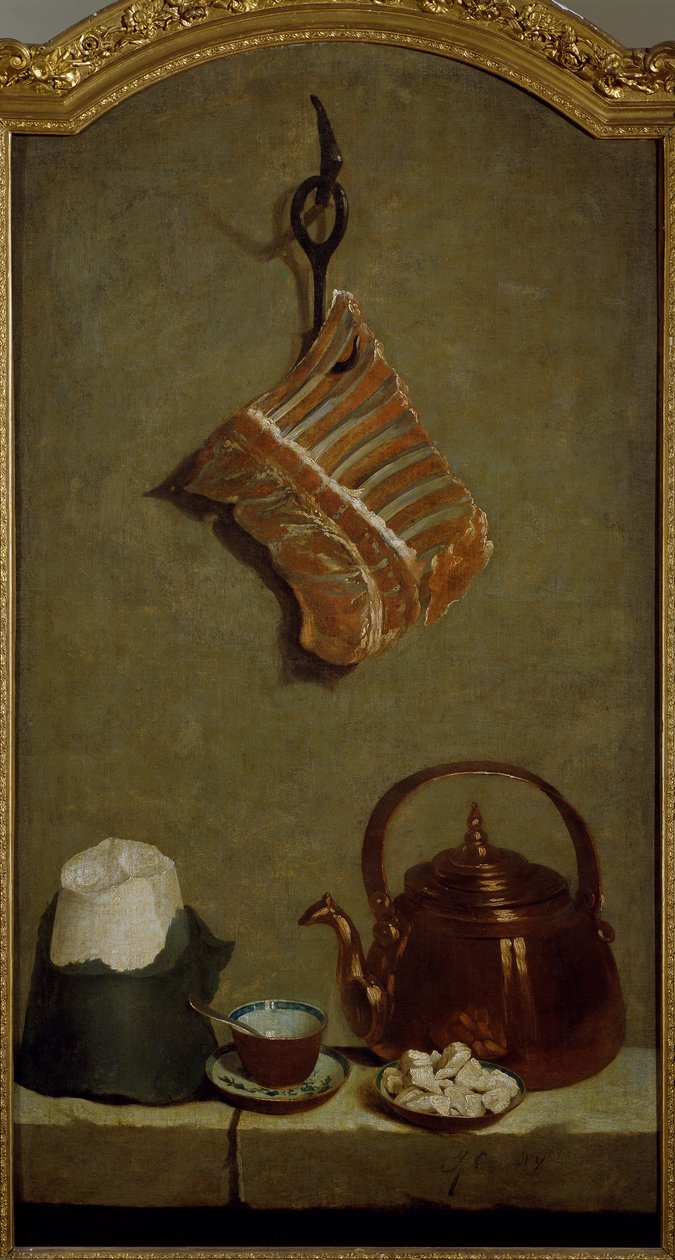 Zátiší s čtvrtkou masa, cukrovým chlebem, měděnou konvicí a šálkem, Jean-Baptiste Oudry (1686-1755) od Jean Baptiste Oudry