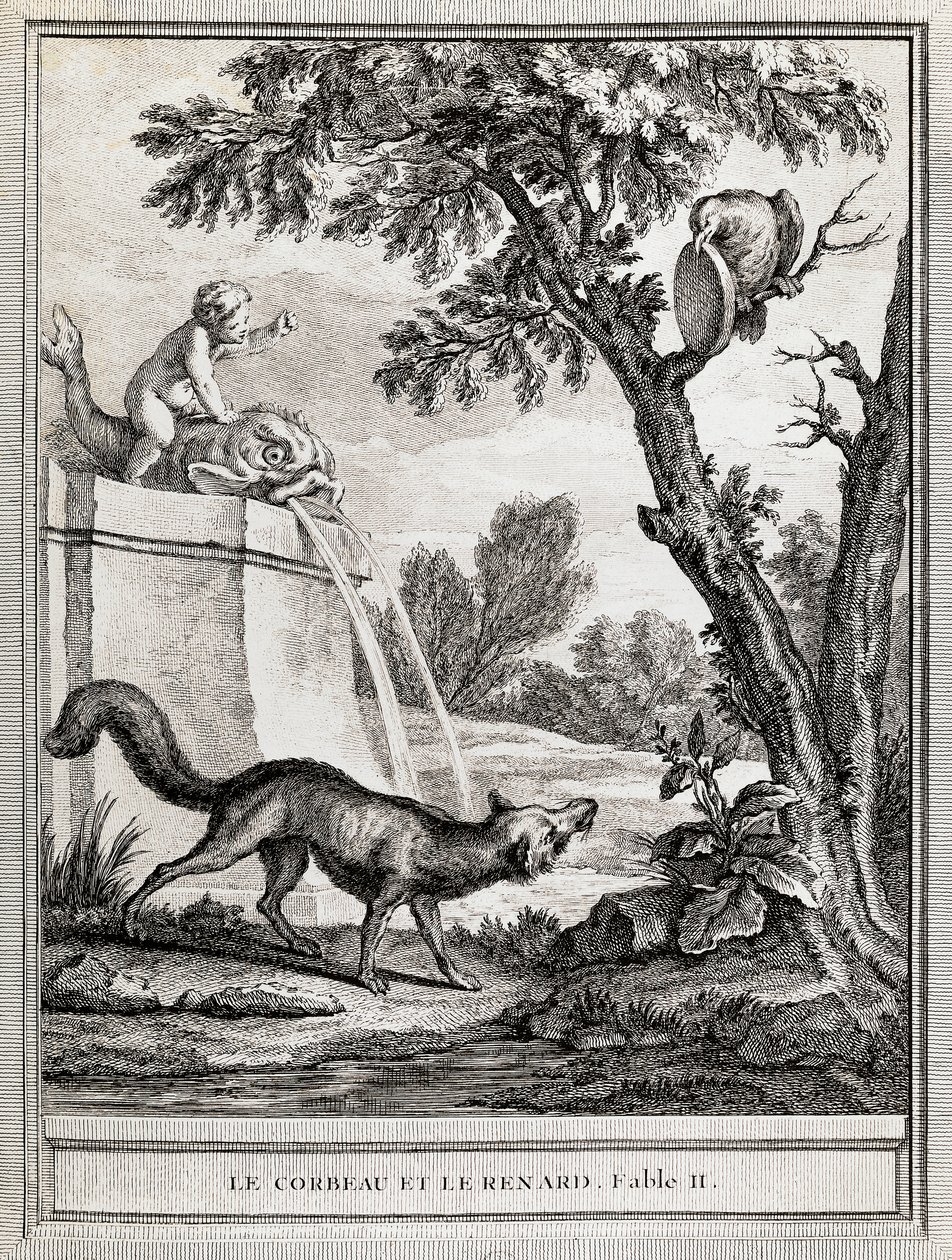 Vrána a liška, ilustrace Jean-Baptiste Oudry (1686-1755) pro bajku Jean de La Fontaine (1621-1695) od Jean Baptiste Oudry