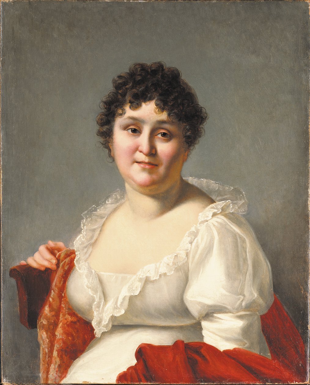 Portrét madame Regnaultové, po poprsí, v bílých šatech a tomelovém šátku (olej na plátně) od Jean Baptiste Regnault