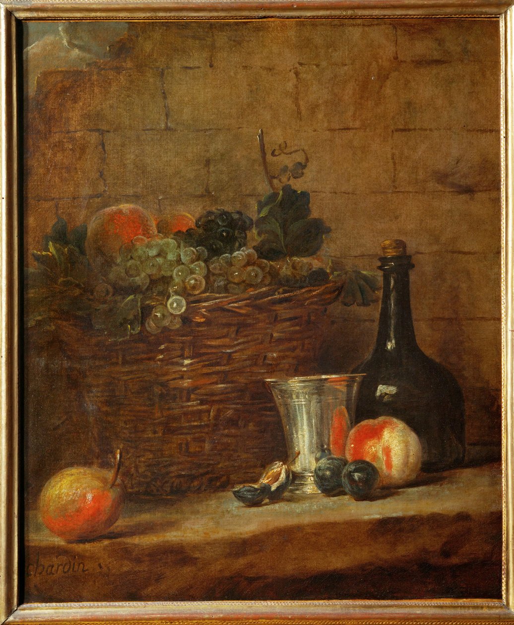 Košík s hrozny, stříbrný pohár a láhev, broskve ... od Jean Baptiste Simeon Chardin