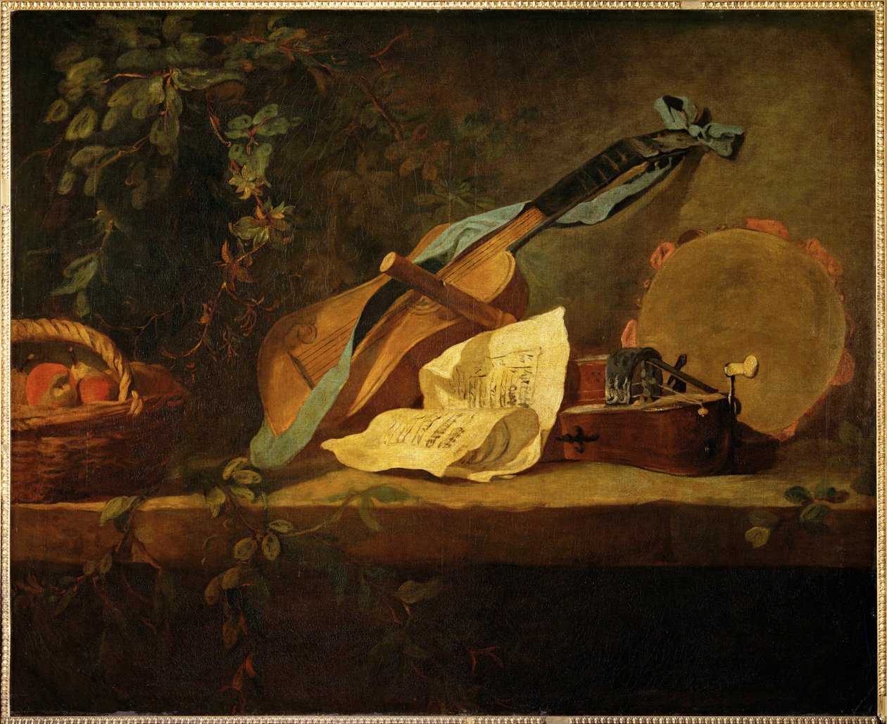 Hudební nástroje a koš s ovocem (malba na plátně) od Jean-Baptiste Simeon Chardin