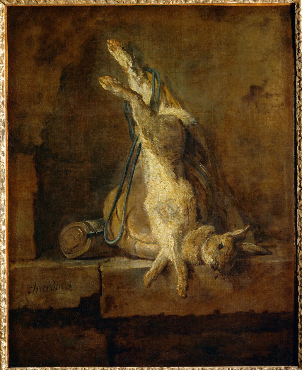 Lapin de Garenne mort avec une gibeciere et une poire a poudre - mrtvý zajíc s pytlem na zvěř a baňkou na prach... od Jean Baptiste Simeon Chardin