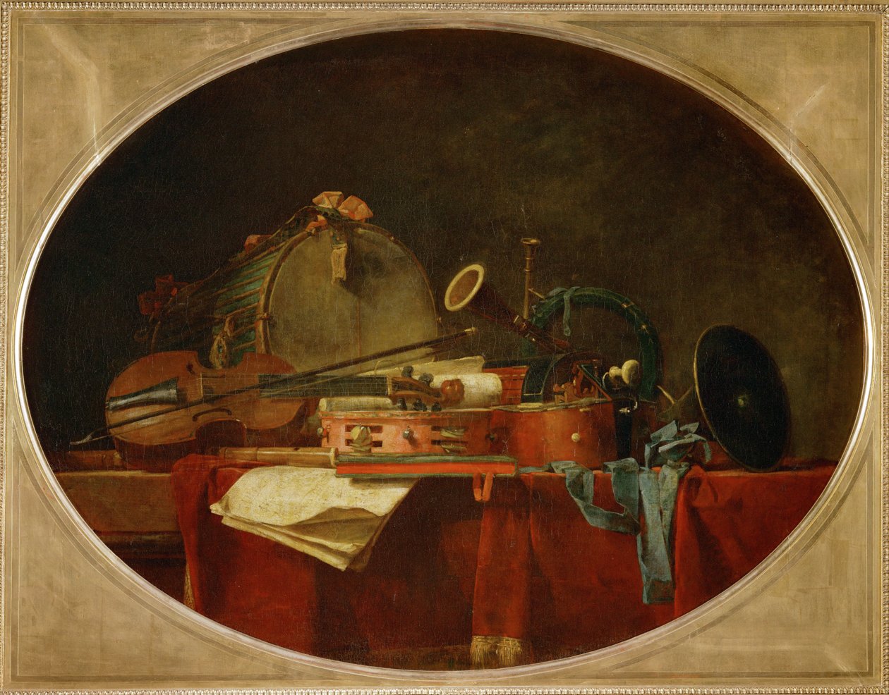 Les attributs de la music civile - Atributy civilní hudby, supraporte pro Chateau de Bellevue ... od Jean Baptiste Simeon Chardin