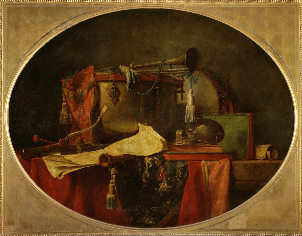 Les attributs de la music guerriere - Atributy válečné hudby, supraporte pro Chateau de Bellevue1767 ... od Jean-Baptiste Simeon Chardin