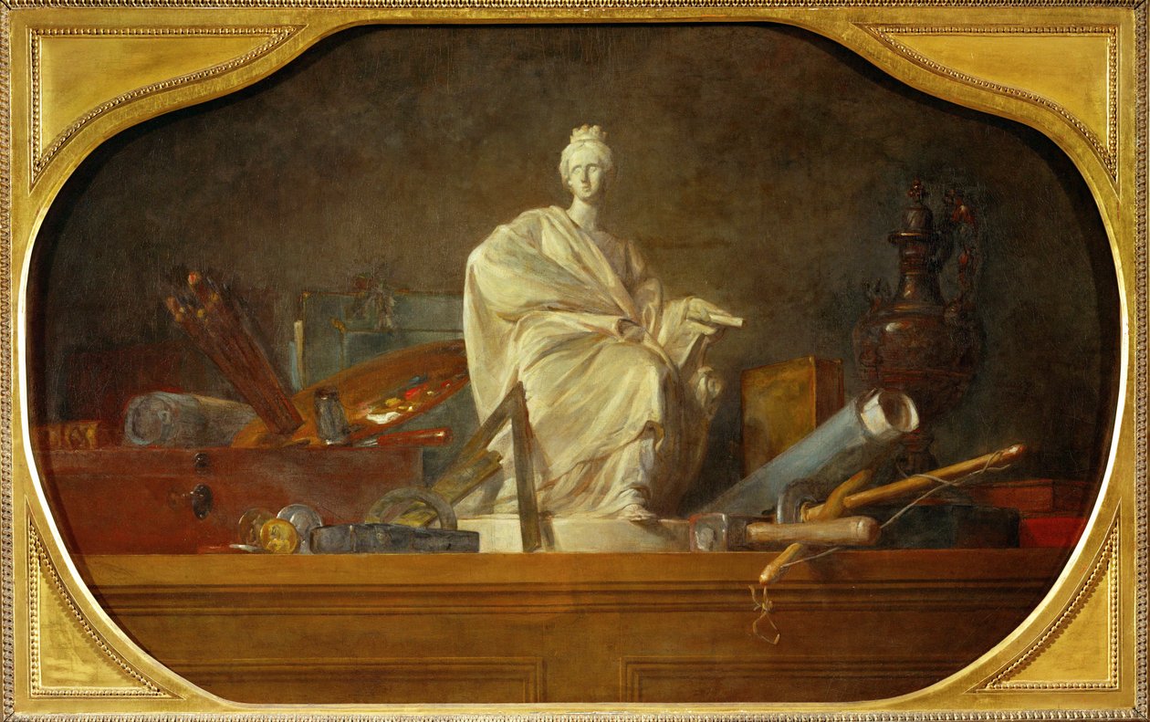 Les attributs des arts - atributy umění, doprovodná publikace k 40-12-16/29, jeden ze tří supraportů pro Chateau de Choisy ... od Jean Baptiste Simeon Chardin
