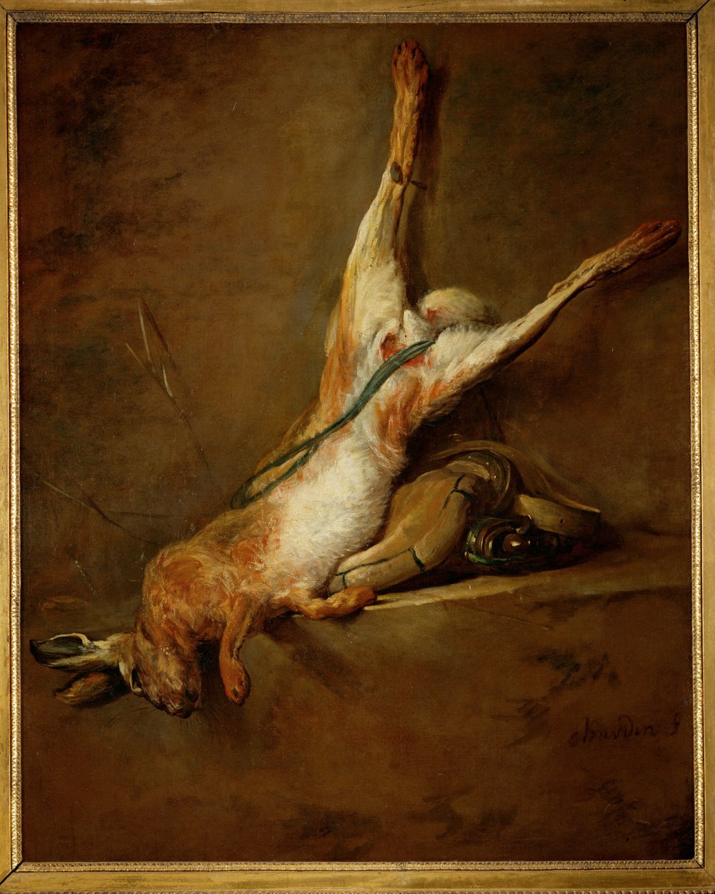 Mrtvý zajíc s baňkou na střelný prach a zvěřinou ... od Jean Baptiste Simeon Chardin