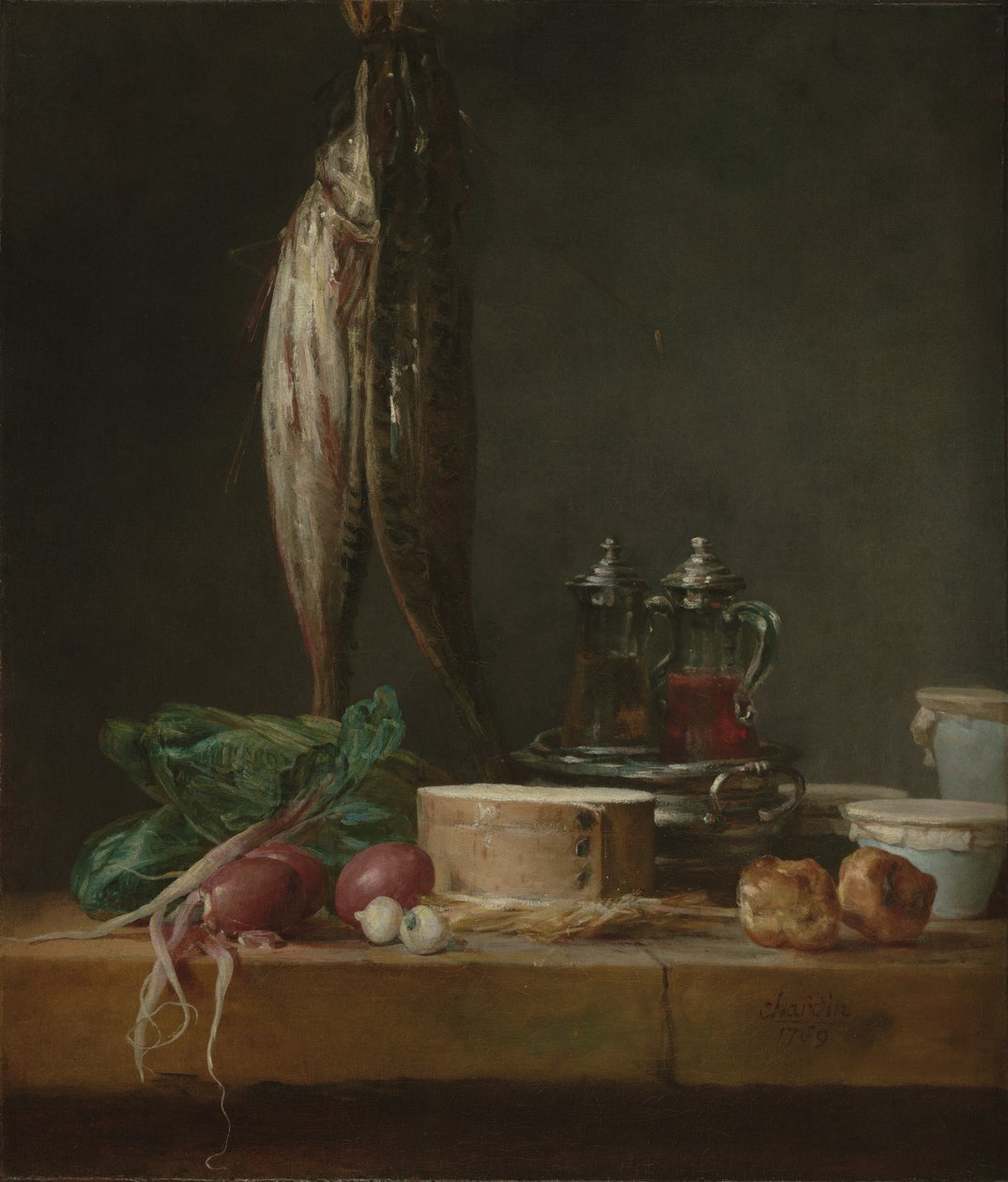 Zátiší s rybami, zeleninou, gougéres, hrnci a kelímky na stole od Jean-Baptiste Simeon Chardin