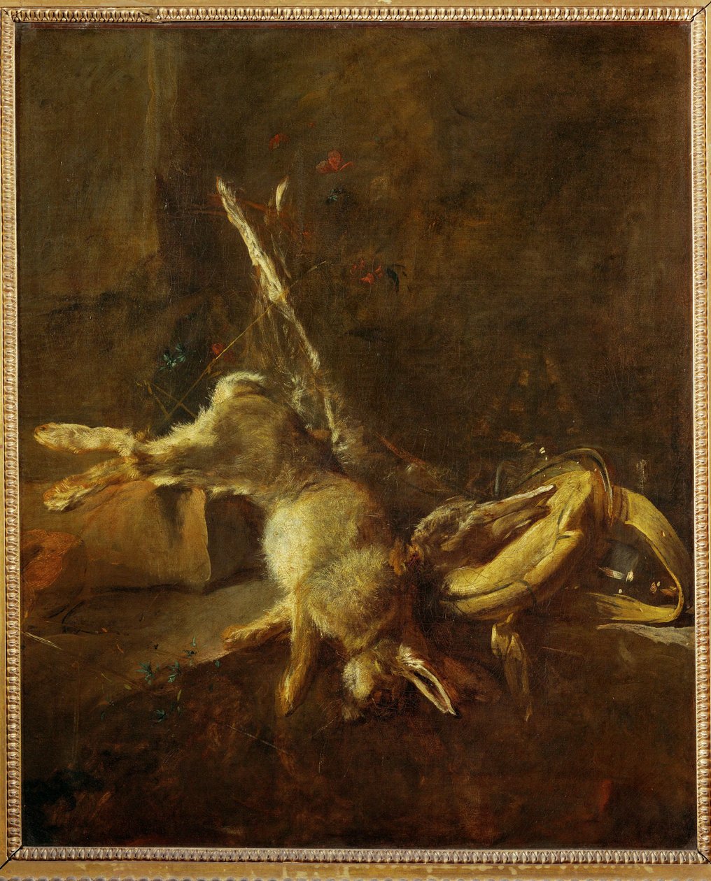 Dva zajíci, pytel na zvěř a prachovka (malba na plátně) od Jean-Baptiste Simeon Chardin