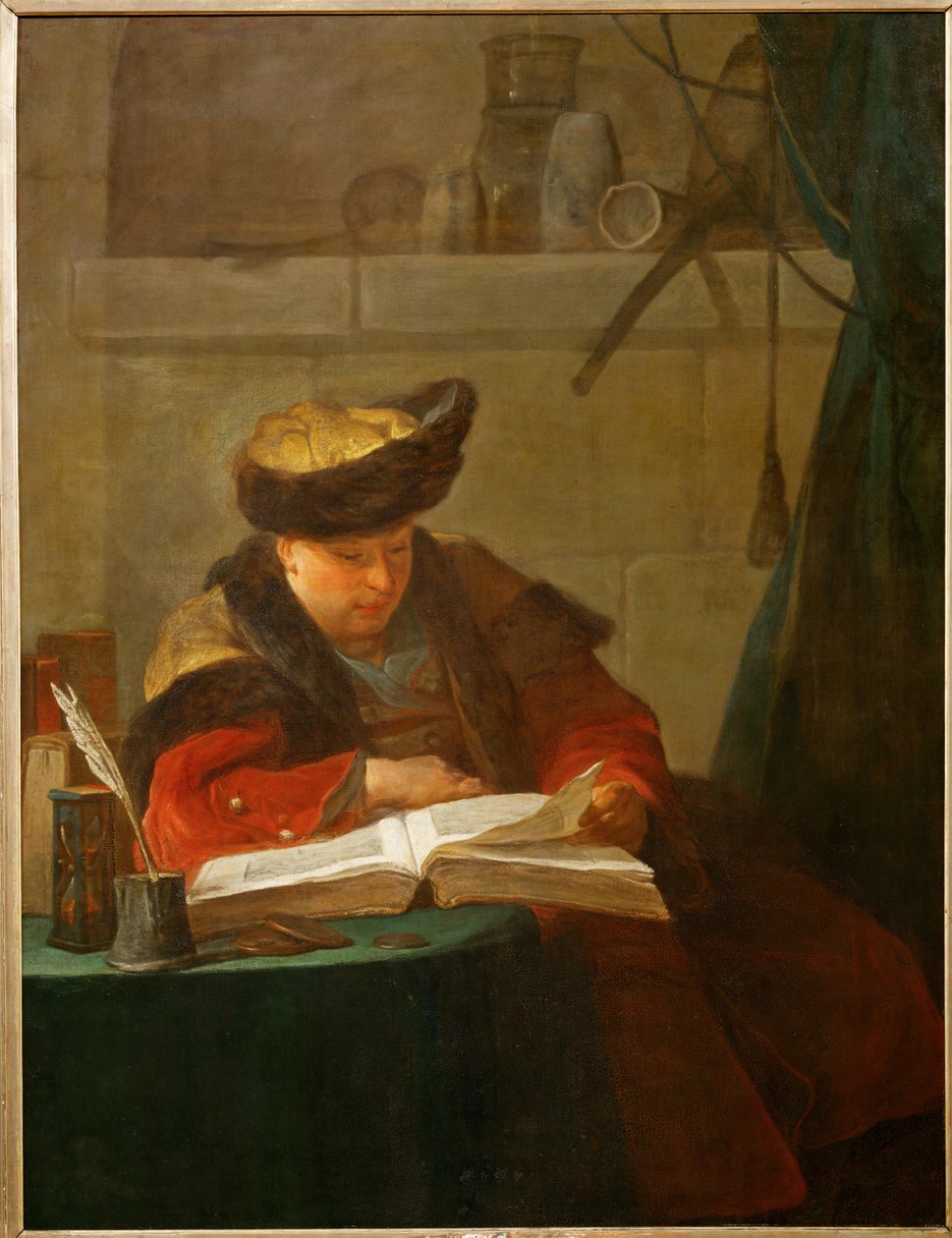 Un chimiste dans son laboratoire, dit aussi un philosophe occupee de sa lecture - chemik ve své laboratoři... od Jean Baptiste Simeon Chardin