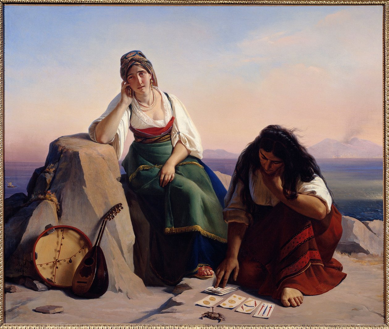 Čaroděj vytahuje karty dívce z Ischie nebo kartářce. Obraz Clauda Bonnefonda (1796-1860) od Jean Claude Bonnefond