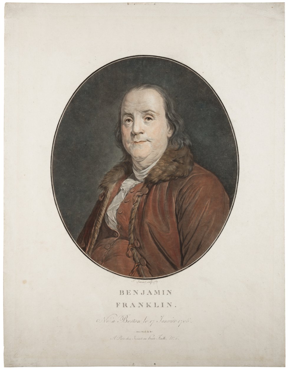 Benjamin Franklin, kolem roku 1789 (ručně kolorovaná mezzotinta) od Jean Francois Janinet