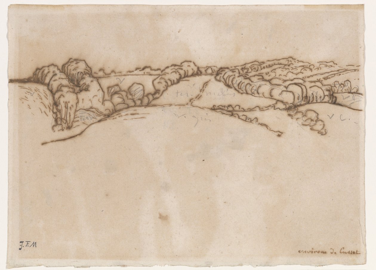 Environs de Cusset, cca 1866-69 (pero a hnědý inkoust s grafitem na potištěném papíře) od Jean Francois Millet