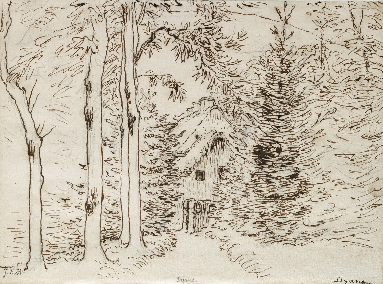 Cesta lesem k doškovému domu, 1866 (grafit, pero a hnědý inkoust na papíře) od Jean Francois Millet