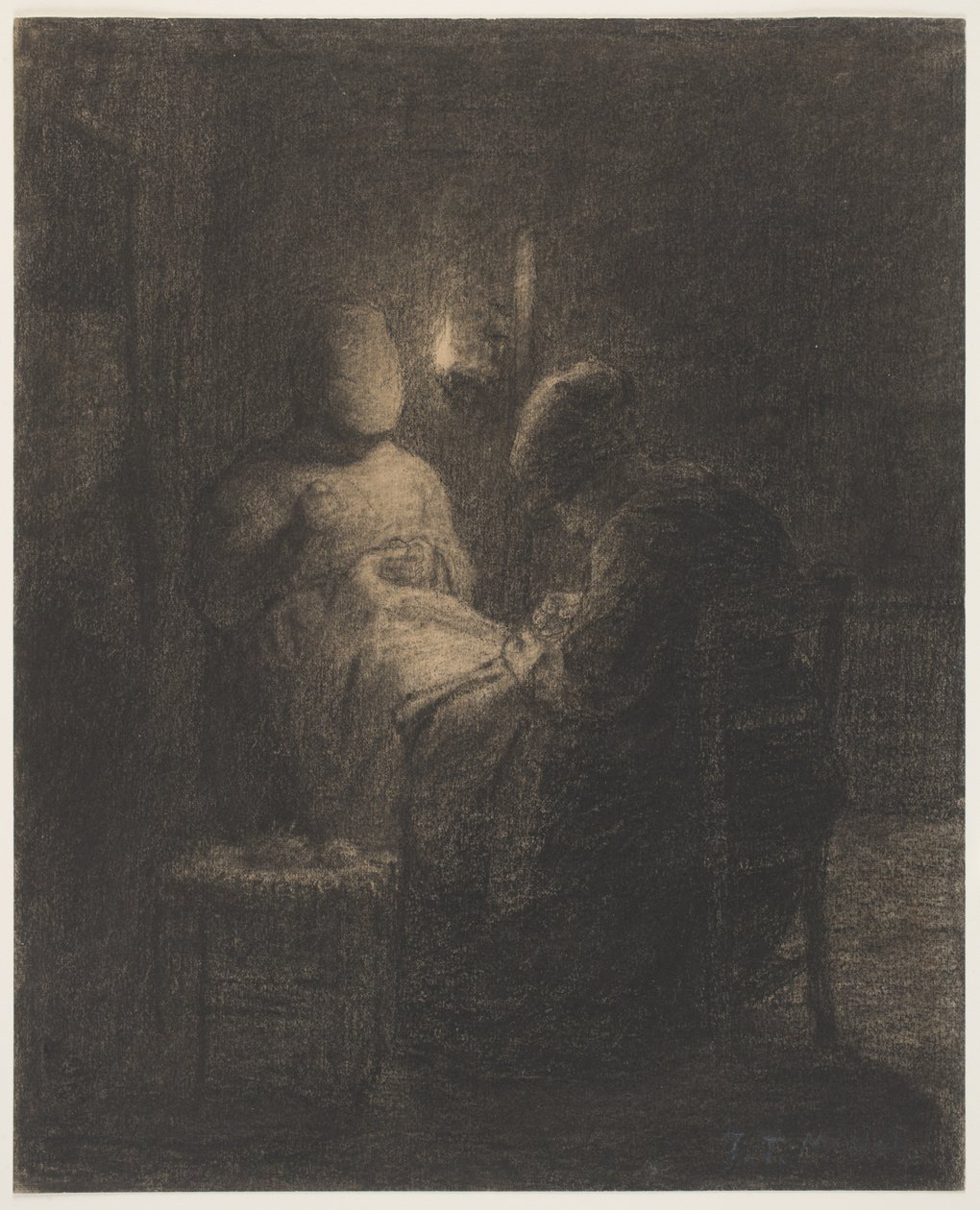 The Vigil (Women Sewing) (uhl na papíře) od Jean Francois Millet