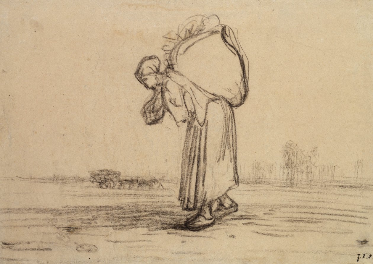 Žena nesoucí pytel na zádech (černá pastelka na papíře) od Jean Francois Millet