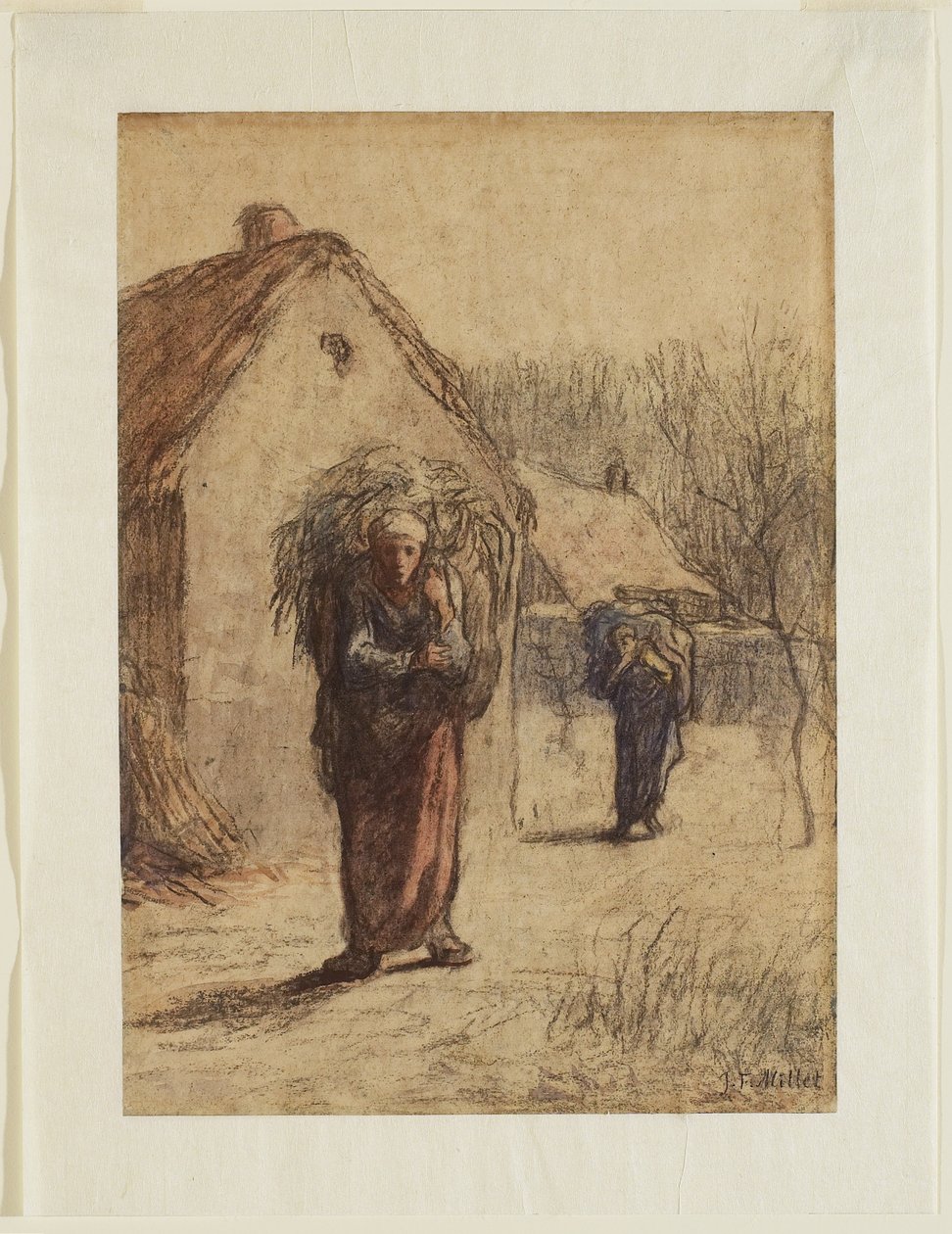 Ženy nesoucí spoustu sušené trávy u vchodu do vesnice, 50. léta 19. století (dřevěné uhlí, křída a wc na položeném papíře) od Jean Francois Millet