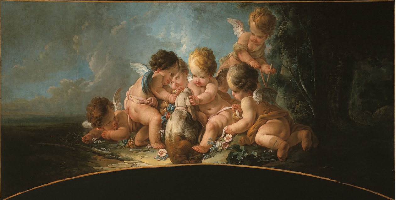 Skupina šesti milenců hrajících si se psem, kolem roku 1761 (nahoře na dveřích) od Jean Francois Clermont