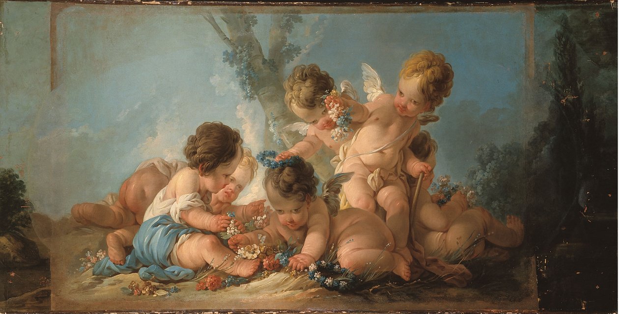 Skupina šesti milenců hrajících si s květinami, kolem roku 1761 (nahoře na dveřích) od Jean Francois Clermont