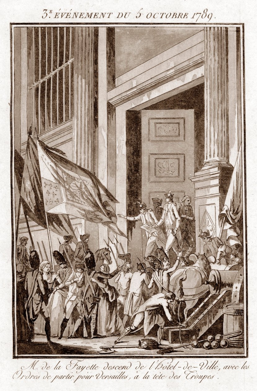 Francouzská revoluce – La Fayette opouští pařížskou radnici a míří do Versailles, 5. října od Jean Francois Janinet