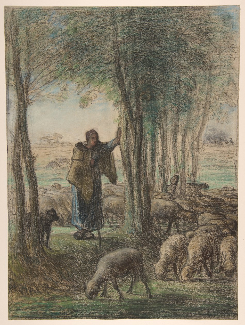 Eine Schäferin und ihre Herde im Schatten der Bäume od Jean-Francois Millet
