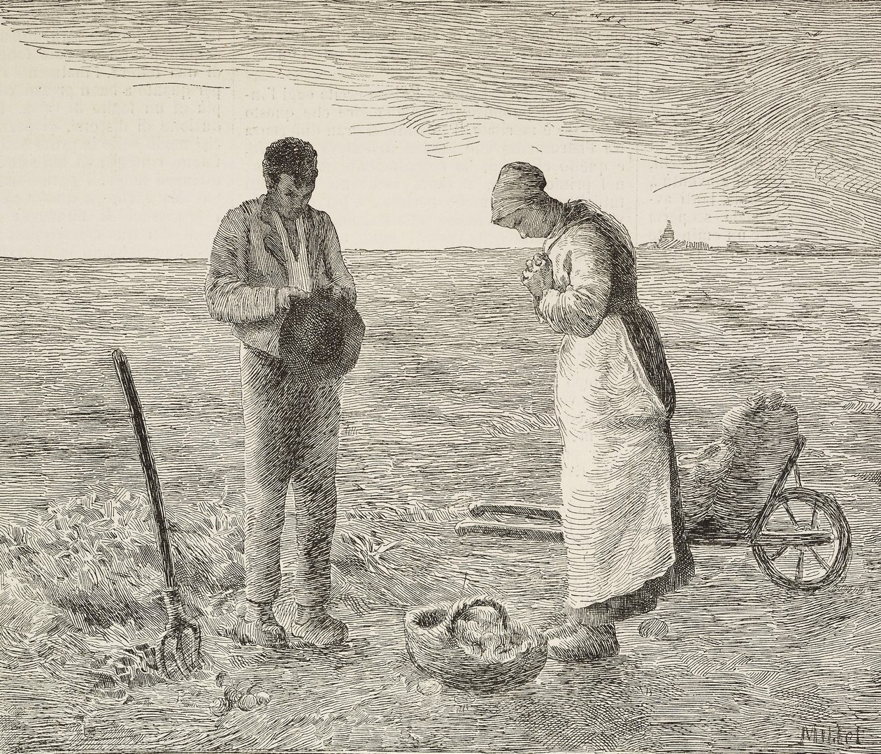 Angelus, pár farmářů na polích, rytina z obrazu Jeana-Francoise Milleta (1814-1875), francouzského malíře, z L